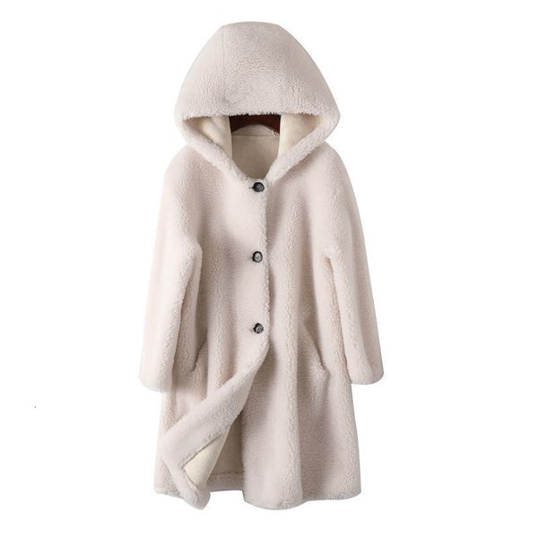 

womens fur faux women autumn winter long real sheep shearling coats female natural wool outwear hooded lamb jackets x862 230904, Black