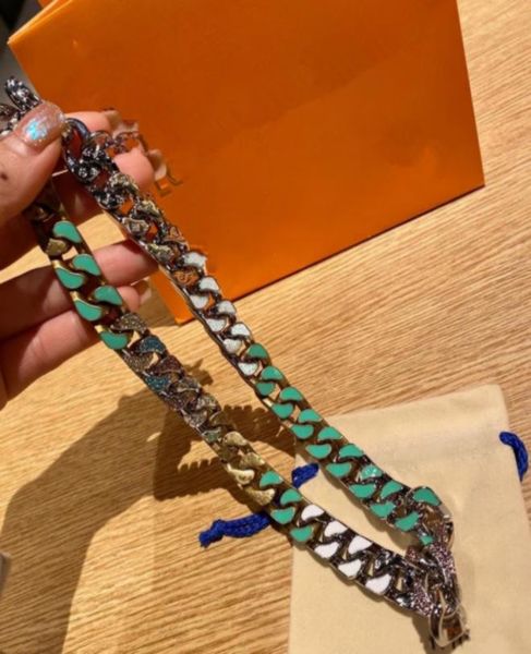 

12 styles candy necklace luxury jewelry diamond 18k 316l titanium steel engrave colored enamel thick chain links patches necklace3784413, Silver