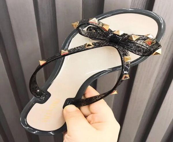 

new 2023 woman summer fashion luxury slippers sandals rivets big bowknot flip flops beach sandalias femininas flat jelly designer 5788587, Black