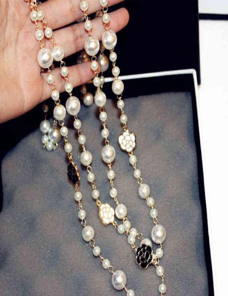 

long simulated pearl necklace for women flower double layer collane lunghe donna camellia maxi necklace party gift6529034, Silver