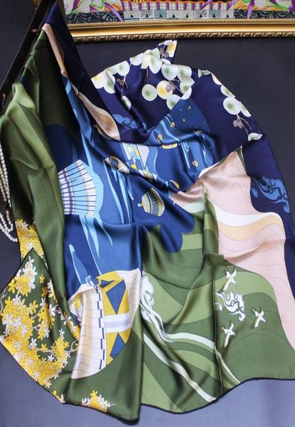 

autumn sweet wind air balloon plain satin 110 silk big square scarf printing scarf shawl silk silk scarf7868640, Blue;gray