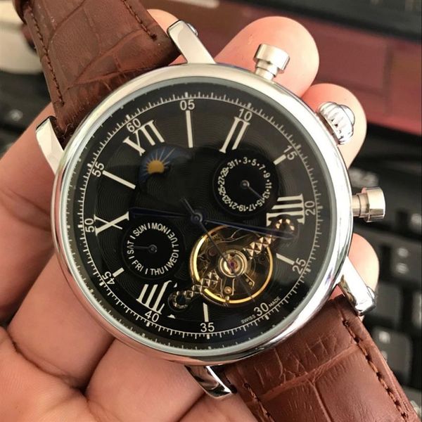 

quality luxury watch brand tourbillon mechanical automatic wristwatches brown leather moon phase casual military sport watches310z, Slivery;brown