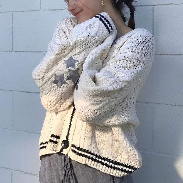 

womens sweaters autumn women star embroidered cardigan y2k vneck knitted sweater streetwear tay pink cardigans fashion warm 230904, White;black
