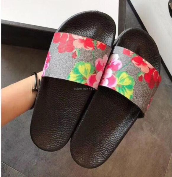 

mens womens summer sandals beach slide casual slippers ladies comfort shoes print leather flowers bee 3646 with box5767159, Black