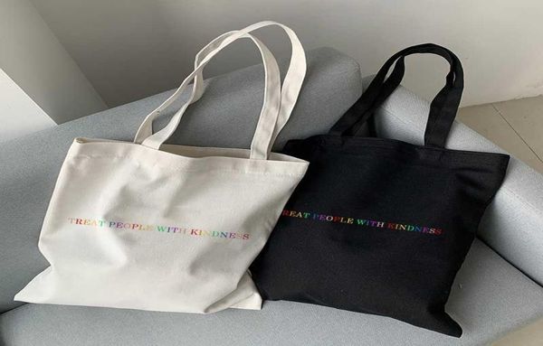 

shopping bags treat people with kindness letter casual styles fashion canvas big capacity harajuku women new fun vintage shoulder bag t22102