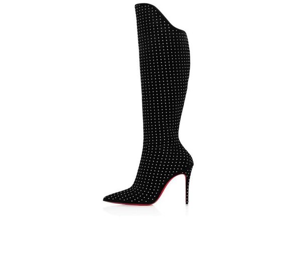 

2021s women long boot high heels alta botta plume 100mm suede knee highs boots black suedes knee-high boots leathers with rhinestone luxury