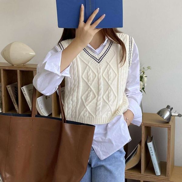 

spring and autumn knitted vest womens outer mahua v neck college style sleeveless sweater student tide, Black;white