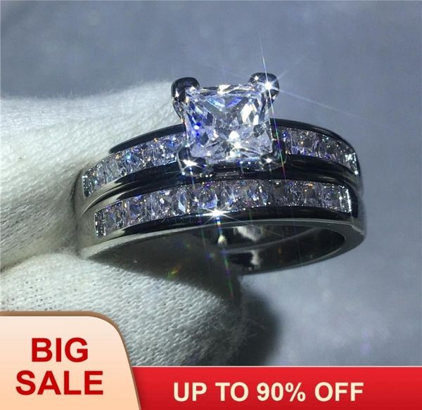 

handmade luxury female jewelry princess cut 5a zircon stone white gold filled engagement wedding band ring set for women j1907154065955, Slivery;golden