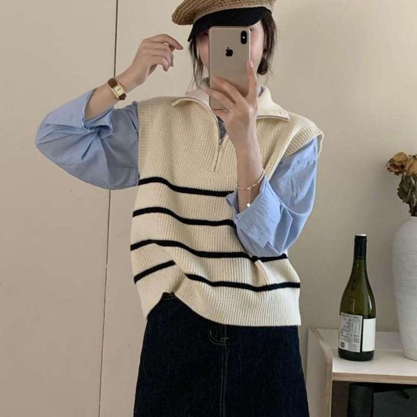 

striped polo collar stacked vest for women autumn korean sleeveless mincemeat, Black;white