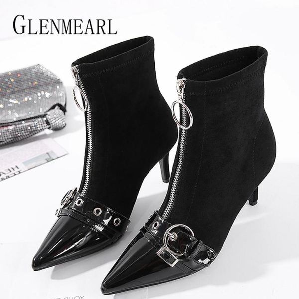 

women ankle boots pointed patent leather stitching high heel short boots front zipper cool metal decorative motorcycle fashion5464926, Black