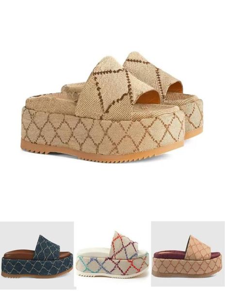 

2022 designer slippers fashion thick bottom sandals letter embroidery new slides lady platform wedges sandal beach high heel with 7982208, Black