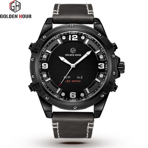 

relogio hombre goldenhour sport genuine leather men watch automatic military analog auto date man watch relogio masculino291d, Slivery;brown