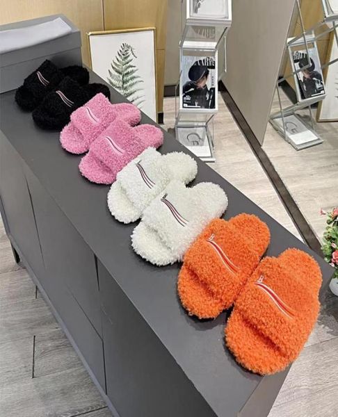 

fashion designer wool slippers womens furry slides embroidered letters sandals with gift box 4 colors7666193, Black