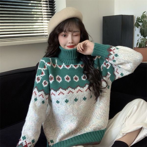 

womens sweaters cashmere autumn and winter christmas theme loose retro high neck warm color matching longsleeved sweater 230904, White;black