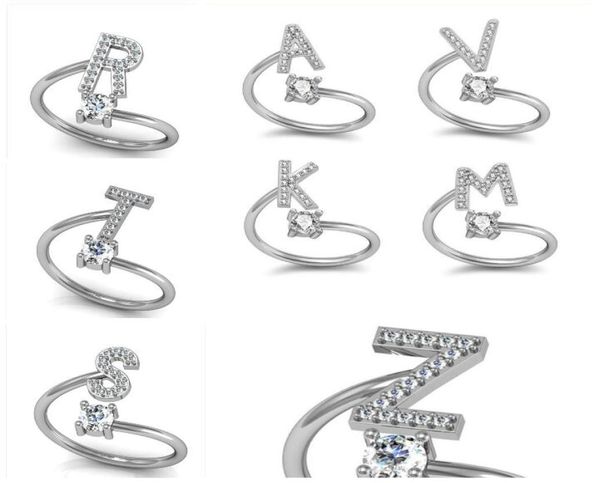 

fashion 26 az english letters silver ring for women rhinestone open finger rings female engagement ring jewelry anel party gift1021763