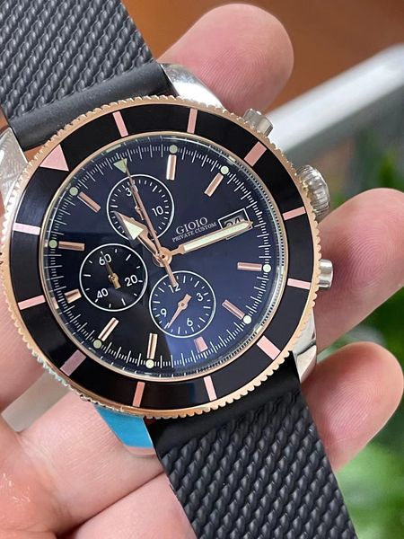 

black blue rubber superocean rose gold mens ceramic quartz chronograph watch, Slivery;brown