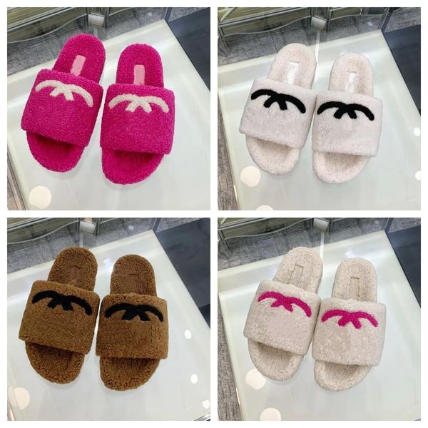 

slippers designer womens slippers ladies wool slides winter fur fluffy furry warm letters slipper plush platform flats heel non slip luxury, Black