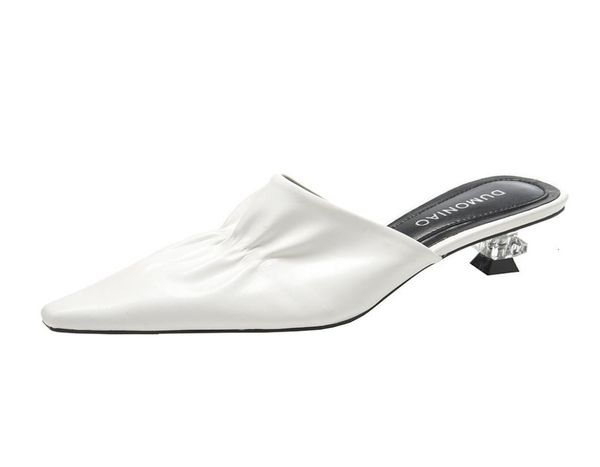 

women039s 2020 new fashion pointed toe low heel pleated slip on sandals mules elegant crystal heels office party shoes whi9281148, Black