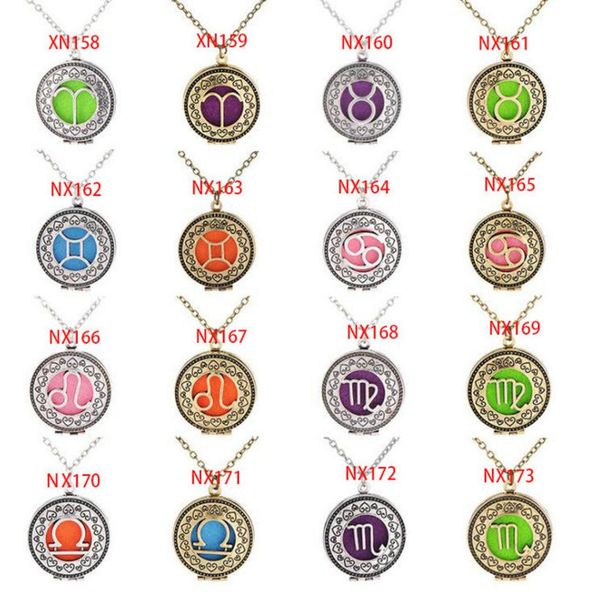 

brand new 5 pads 12 zodiac symbol necklace flowers locket pendant necklaces premium aromatherapy essential 60cm chains jewelry7563574, Silver