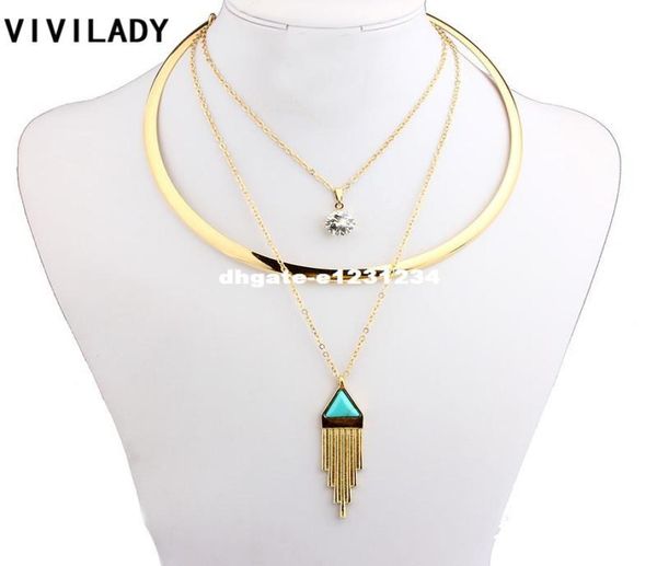 

lady fashion gold plated metal layer chain rhinestones geometric necklaces women resin turquoise zinc alloy jewelry bohemian2018813, Silver