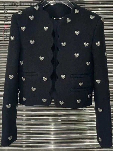 

women's jackets lanmrem long sleeve heart beading jacket woman v neck black color chic female streetwear fashion 2023 autumn 2r2279, Black;brown