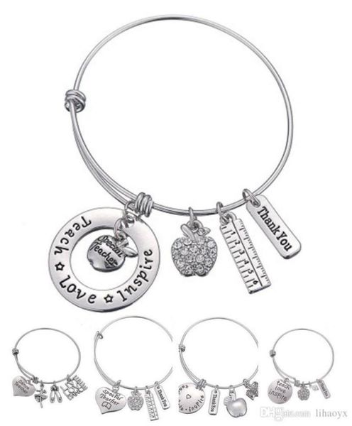 

love inspire teach white crystal apple ruler bracelet stainless steel pendant bangle jewelry gift teacher friend dlh2045597086, Golden;silver