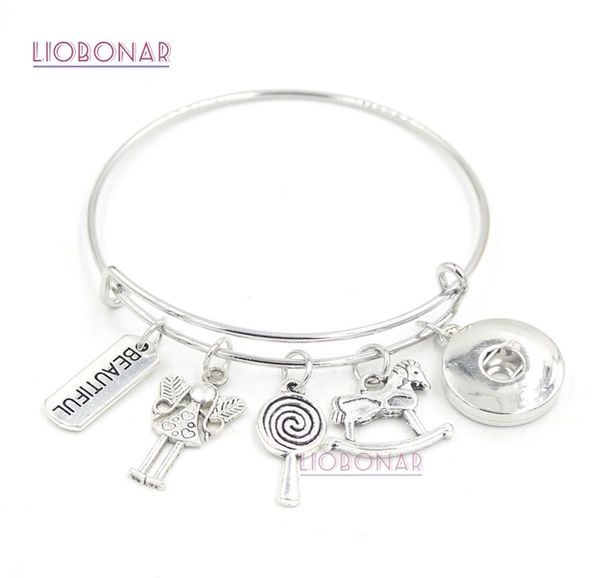 

new arrival diy snap jewelry beautiful little girl lollipop rocking horse charm bracelet bangle snap button bracelets for teenth g6860930, Golden;silver