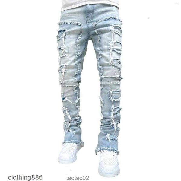 

men's jeans regular fit stacked patch distressed destroyed straight denim pants streetwear clothes casual jeanktg3py8r, Blue