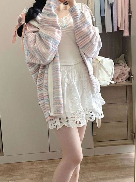 

womens sweaters fashion women autumn winter loose rainbow striped thickening knitted cardigan hooded temperament coats 230904, White;black