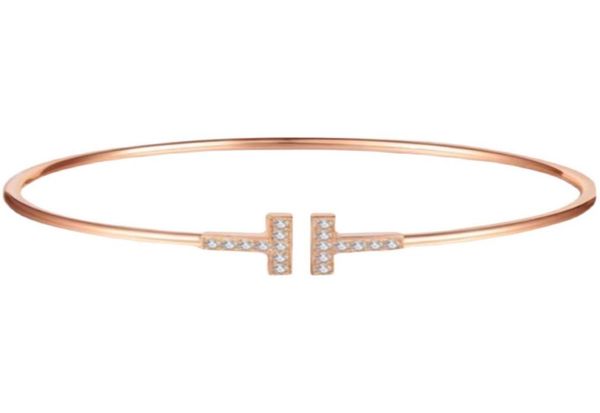 

100% 925 silver open bracelet simple design double t classic diamond inlaid women's titanium steel niche temperament simple and versati, Golden;silver