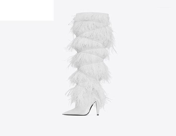 

boots feather ostrich hair high heel pointed toe european and american large size shoes 2021 fashion15444405, Black