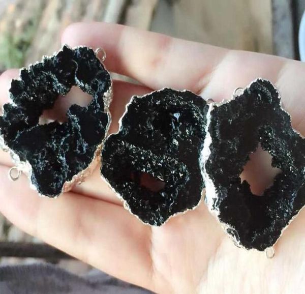 

6pcs silver plated black color nature quartz druzy geode connectordrusy crystal gem stone pendant beads jewelry fi39742885653990