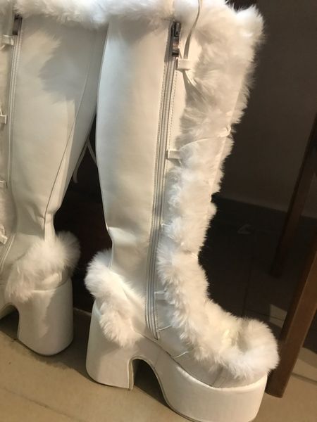 

white fur platform boot high chunky heel round toe mid calf boot elegant women casual outfit winter cross tied shoe botas mujer large size f, Black