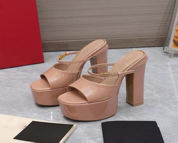 

patent leather platform high heeled slippers pumps highheeled instep strap chunky heels block heel 155mm round toe dress shoe wom9385765, Black