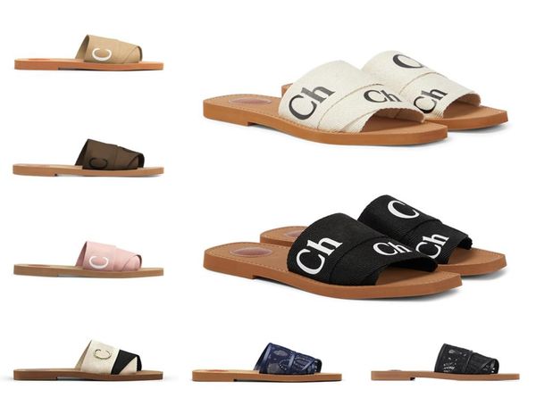 

designer woody slippers sandals for women mules flat slides light tan beige white black pink brown lace lettering fabric canvas wo7695120