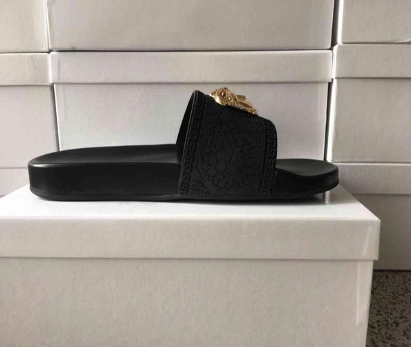 

luxury designer slide slippers summer sandals men beach indoor flat flip flops leather lady women fashion classic shoes ladies siz8291761, Black