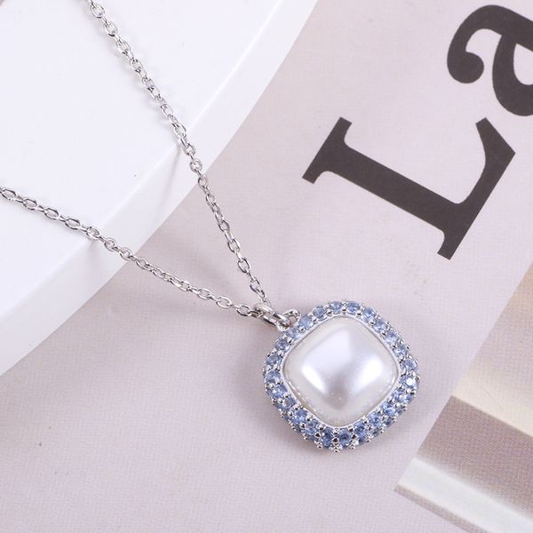 

bling blue diamond elegant charm pendant necklaces for women square geometry crystal mother of pearl love wedding jewelry choker necklace, Silver