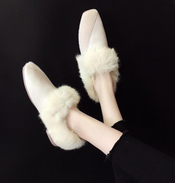 

slippers winter woman slipper fur shoes pantofle shallow flock low square toe plush 2021 flat with rubber rome pu basic shearling46117352, Black