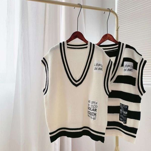 

preppy stripe color clashing knitted vest for women korean style, Black;white