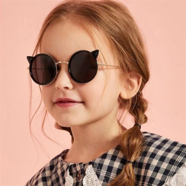 

kids cartoon sunglasses boys girls metal round frame sun eyeglasses cat ear children beach holiday outdoor goggles c6175262n, Blue