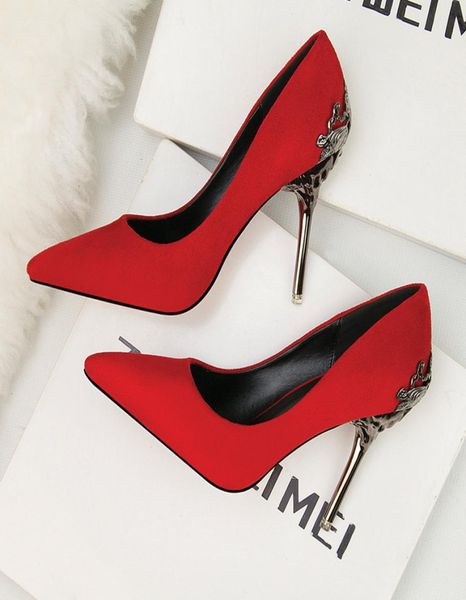 

pumps women solid color high heels wedding shoes point toe metal decoration hollow out flock fashion thin heels female shoes9201070, Black