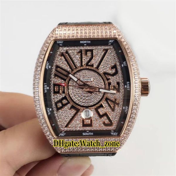 

new men's collection vanguard date v 45 sc dt diamond dial automatic mens watch rose gold diamond case leather rubber strap w220t, Slivery;brown