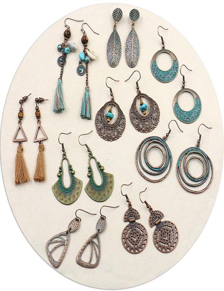 

retro earrings one lot 9 pairs women accessories handmade weave tassel turquoise alloy ethnic style drop dangling earring 5882253, Golden
