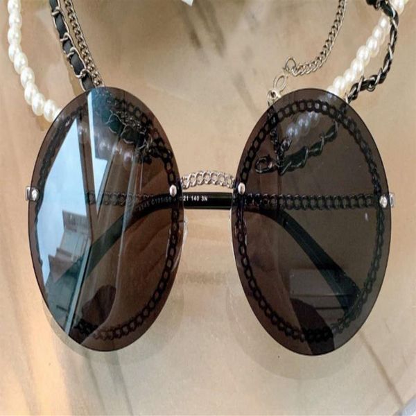 

round sunglasses black champagne gold chain rimless shades women fashion sun glasses with box233y, White;black
