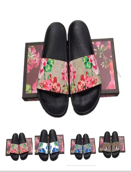 

2023 designer slippers men women slides with correct flower box dust bag card shoes snake print slide leather rubber sandal summer3432059, Black