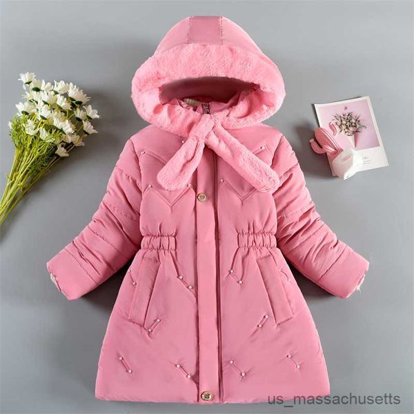 

down coat winter girls fashion warm coats children hooded plush scarf down jackets kids clothing plus thicken girl windproof parkas r230905, Blue;gray