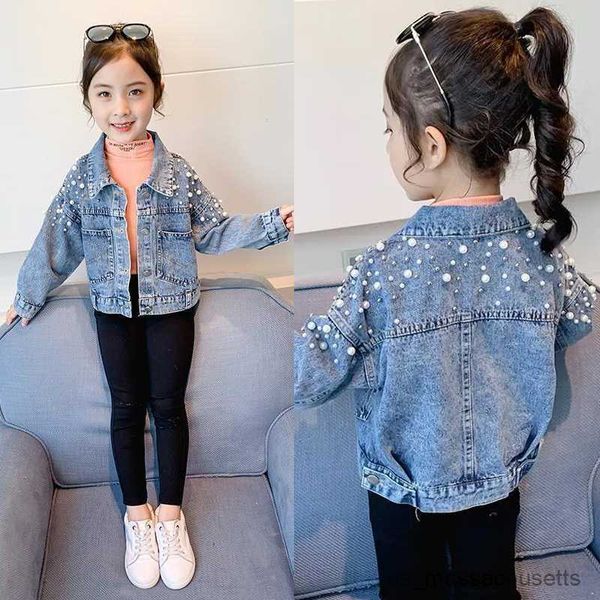 

down coat 2023 new fashion pearls beading denim jacket for girls coat spring autumn children's outerwear 3-10 years teenage girls cloth, Blue;gray