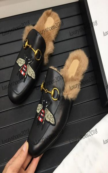 

leather loafers muller fur slipper fashion men women princetown slippers ladies casual mules flats shoes with buckle9941587, Black