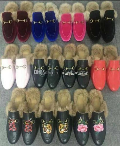 

designer women fur slippers princetown loafers leather mules black metal chain slipper velvet with buckle mules9845916