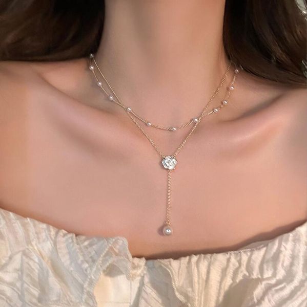 

double layer pearl camellia necklace for women's summer neck chain tassel collarbone chain matching accessories for women jewelry gift, Silver